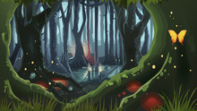 Fantasy Forest Illustration Dark Night Magic Trees
