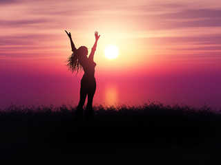 Wall Mural - 3D female with arms raised in joy in a grassy sunset landscape