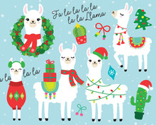Cute Llama And Alpaca With Christmas Holidays Theme Vector Illustration. Llama Wearing Santa Hat And Sweater, Carrying Christmas Gifts. Llama With Christmas Wreath And Light. Cactus With Santa Hat.