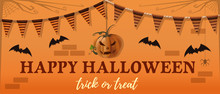 Halloween Banner Design. Jack-o-lantern, Bat And A Greeting Inscription On An Orange Background. Vector Illustration