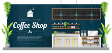 Interior Background , Modern Coffee Shop Counter Bar Scene , Vector , Illustration