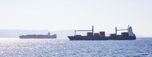 Two Container Ships For International Transport Sail Full Of Cargo. Sea Commerce, Sky Background, Banner.