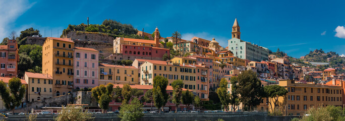 Sticker - Colorful old buildings of a hilltop medieval town of Vintimiglia in Italy across from the French border