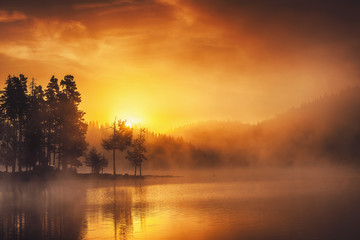 Canvas Print - Morning fog on the lake, sunrise shot
