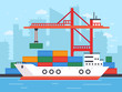 Flat cargo ship in docks. Harbor crane of shipping port loading containers to marine freight boat vector illustration