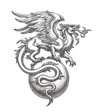 Чёрно-белая иллюстрация, рисунок тушью, крылатый дракон на шаре.