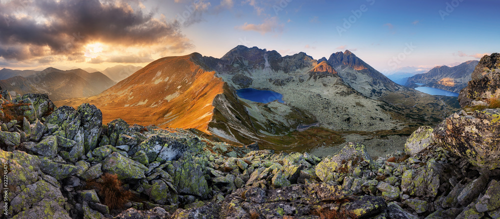 Panorama of mountain landscape at summer in Tatras at sunset in Slovakia - obrazy, fototapety, plakaty 