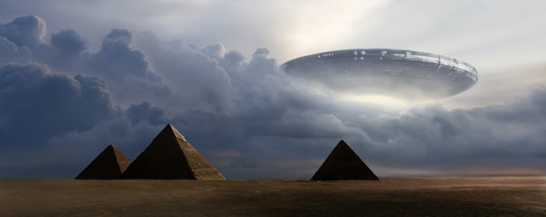 flying saucer on pyramids - 3d rendering