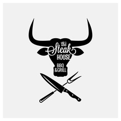 Wall Mural - steakhouse, bbq and grill logo with bull head on white background