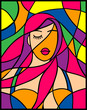Dramatic portrait attractive girl with styling violet hair in stained glass style