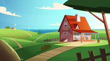 Colorful Countryside Landscape With A Beautiful Village House. Rural Location. Cartoon Modern Vector Illustration