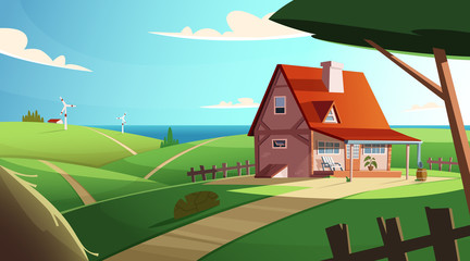 Colorful countryside landscape with a beautiful village house. Rural location. Cartoon modern vector illustration