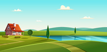 Rural Landscape With Cottage On The Lake. Country House On The Lakeshore. Farmland Vector Illustration