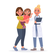 Pediatrician. Mom With A Child At A Reception With A Child's Doctor. Vector Illustration