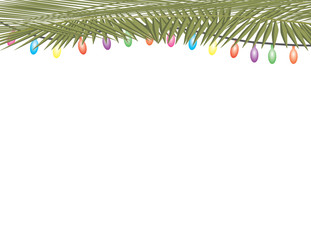 Palm tree leaves and colorful string lights on white background