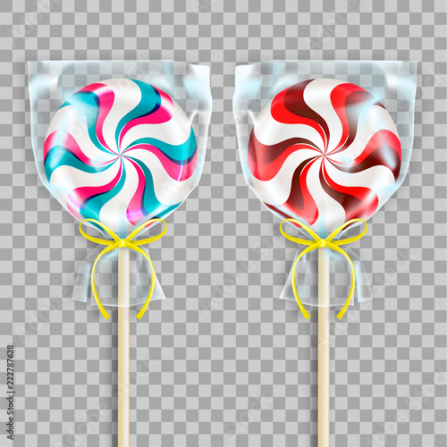 Two Round Striped Lollipops Packed In Transparent Cellophane