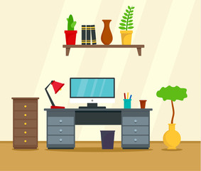 Sticker - Computer work place concept background. Flat illustration of computer work place vector concept background for web design