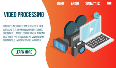 Wall Mural - Video processing concept banner. Isometric banner of video processing vector concept for web, giftcard and postcard