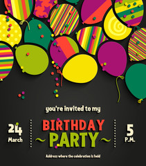 Wall Mural - Birthday party invitation card with colorful flat balloons. Vector.