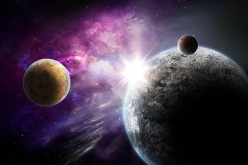 sun shines above the planet and moons