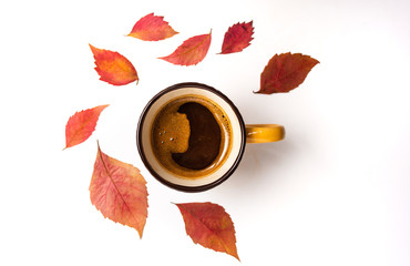 Cup of coffee in and fallen leaves