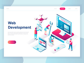 Modern flat design isometric concept of Web Development for banner and website. Isometric landing page template. Developer coding software and programming web site. Vector illustration.