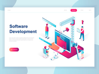 Modern flat design isometric concept of Software Development for banner and website. Isometric landing page template. Developing programming and coding technologies. Vector illustration.