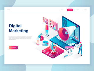 Fototapete - Modern flat design isometric concept of Digital Marketing for banner and website. Isometric landing page template. Business analysis, content strategy and management. Vector illustration.