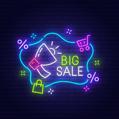 Wall Mural - Big Sale neon sign, bright signboard, light banner. Sale tag logo, emblem. Vector illustration