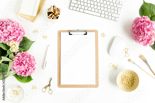Stylized Women S Desk Workspace With Clipboard Computer Bouquet
