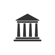Bank Building Icon In Flat Style. Government Architecture Vector Illustration On White Isolated Background. Museum Exterior Business Concept.
