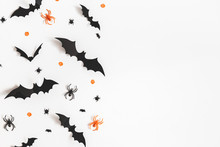 Halloween Decorations On White Background. Halloween Concept. Flat Lay, Top View, Copy Space