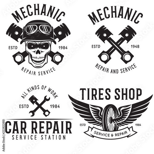 Vintage Car Service Badges Templates Emblems And Design Elements Vintage Car Service Badges Templates Emblems And Design Elements Garage Repair Retro Labels Collection Included Tire Logos Mechanic Tools