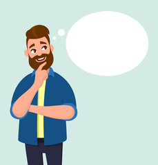 Young man thinking and blank thought/speech bubble. Vector illustration in cartoon style.