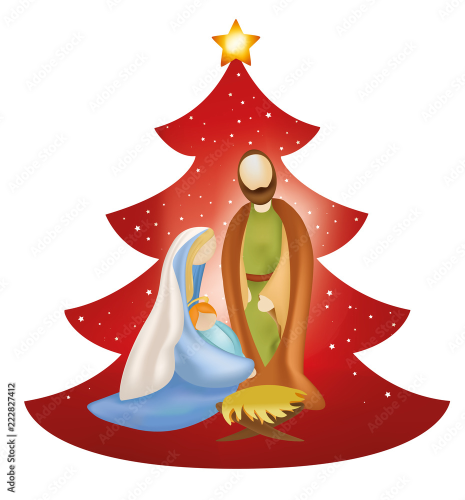 Vector Christmas tree nativity scene with Joseph and baby Jesus in Mary ...