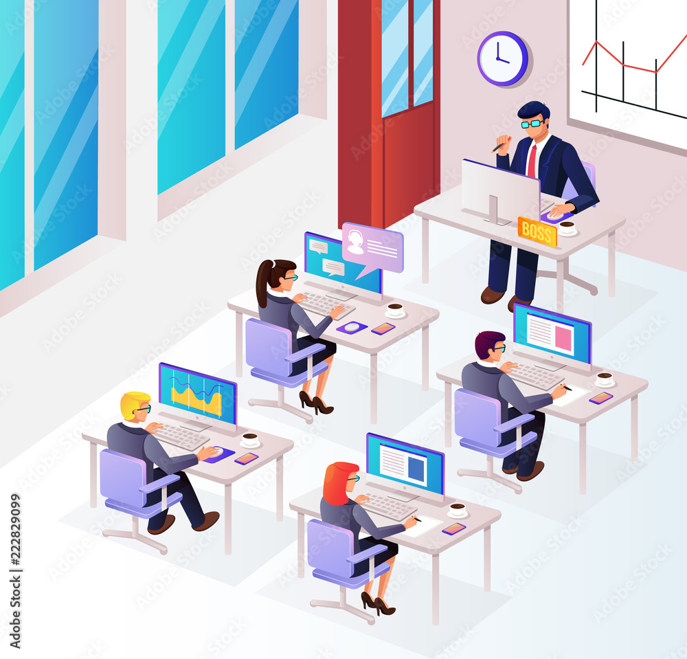 People characters businesspeople managers office workers sitting in room workplace workspace and working with boss. Office life teamwork communication isometry 3D view graphic design vector - obrazy, fototapety, plakaty 