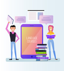Wall Mural - Group of people woman and man characters studying foreign languages courses. Online education by website. Vector flat cartoon isolated concept banner illustration