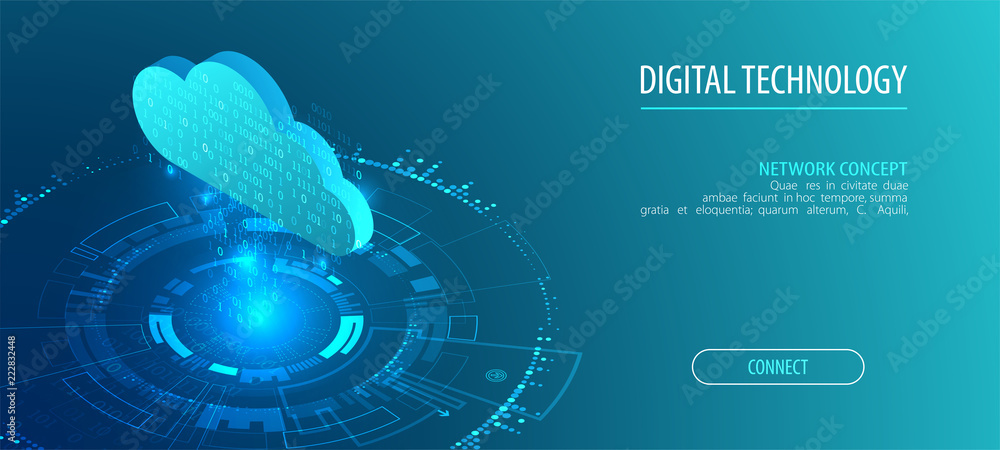 Isometric big data flow processing concept, cloud database. Abstract technology background. - obrazy, fototapety, plakaty 