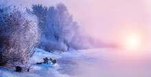 Beautiful Winter Landscape Scene Background With Snow Covered Trees And Iced River. Beauty Sunny Winter Backdrop. Wonderland. Frosty Trees In Snowy Forest