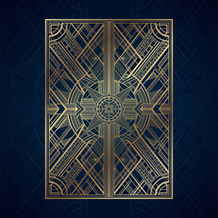 Gold art deco panels on dark blue background