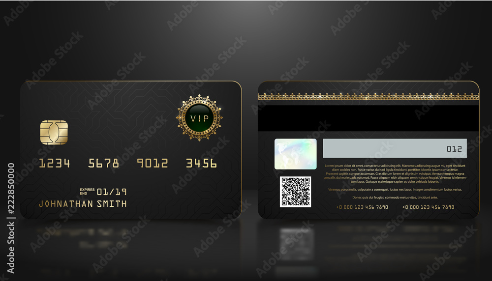 Vector realistic black credit card with abstract geometric background. Golden element credit card dark design template. Bank presentation with hologram, qr-code and magnetic strip. - obrazy, fototapety, plakaty 