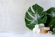 Spa and massage treatments on white, marble background monstera leaves.