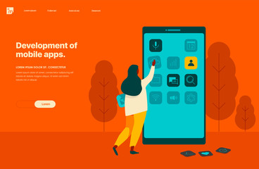 Development of mobile apps. Landing page template. Conceptual web banner, infographic, characters. Flat illustration on an orange background.
