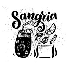 Wall Mural - Freehand sketch style drawing of sangria, cocktail glass, various fruits and hand written lettering. Spanish Cocktail recipe. Vector illustration