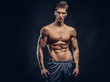 © Fxquadro - Handsome shirtless ectomorph bodybuilder with stylish hair posing on a dark background.