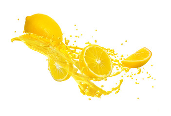 Juice or liquid splashing with yellow lemon isolated on white background. Creative minimalistic food concept for design package, advertising, ads, branding.