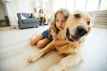 Restful Purebred Labrador And Cute Little Girl Lying On The Floor Of Living-room At Leisure