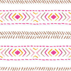 Wall Mural - Hand drawn tribal stripes, stitches on white background vector seamless pattern. Fresh abstract geometric drawing