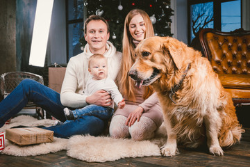 Wall Mural - theme Christmas and New Year family circle and domestic pet. Mom dad and child 1 year old Caucasian woman sitting on floor near Christmas tree with gifts and big dog breed labrador golden retriever