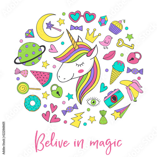 magic unicorn and collection cute stickers  vector